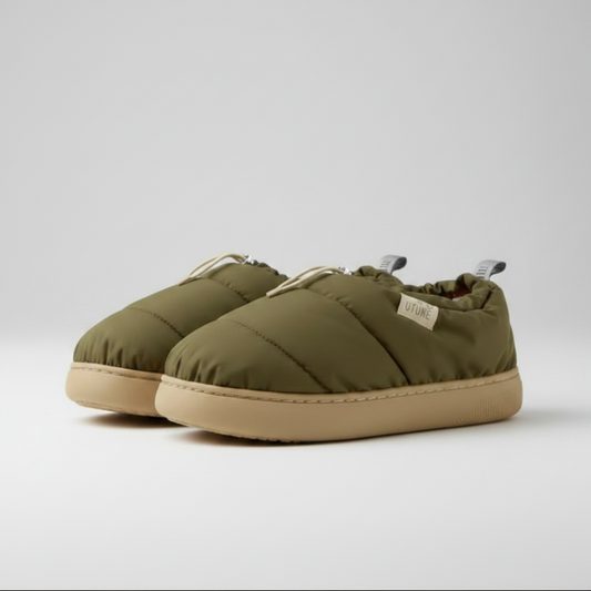 Green slip-on shoe with a beige sole on a white background