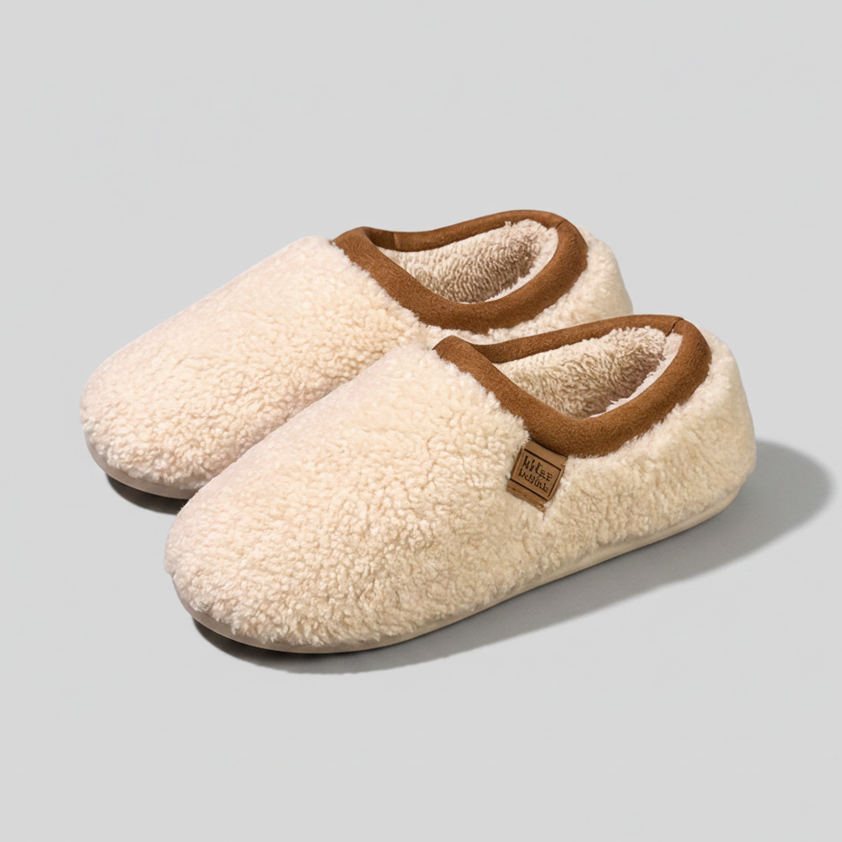 Pair of cream-colored slippers with brown trim on a light gray background